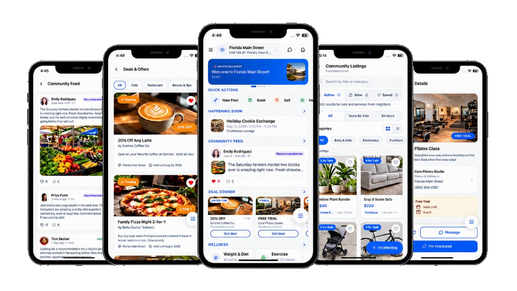 NeighborLink mobile app showing community feed, deals, home, listings, and class details